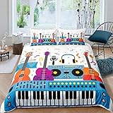 Gitarre Bettwäsche Set,bunte Cartoon Musikinstrument Klavier Muster Kinder Mädchen Bettbezug,Musik Thema Dekor Tröster Abdeckung, für Kinder Jungen Teens Hip Hop Musik Stil Tagesdecke,135x200