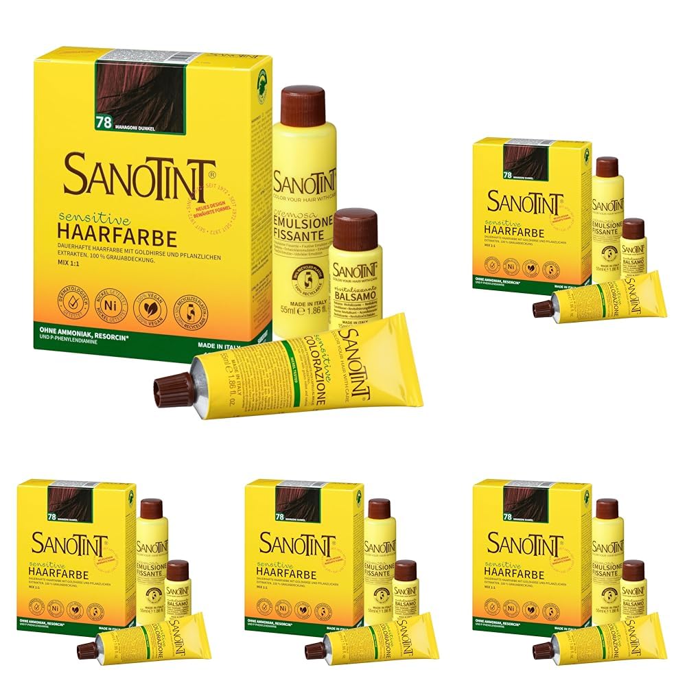 Sanotint - Haarfarbe Sensitive Nr. 78 "Mahagoni Dunkel" - Naturnahe dauerhafte Haarfarbe mit Goldhirse und wertvollen pflanzlichen Extrakten – 100% Grauabdeckung – vegan - 125 ml (Packung mit 5)