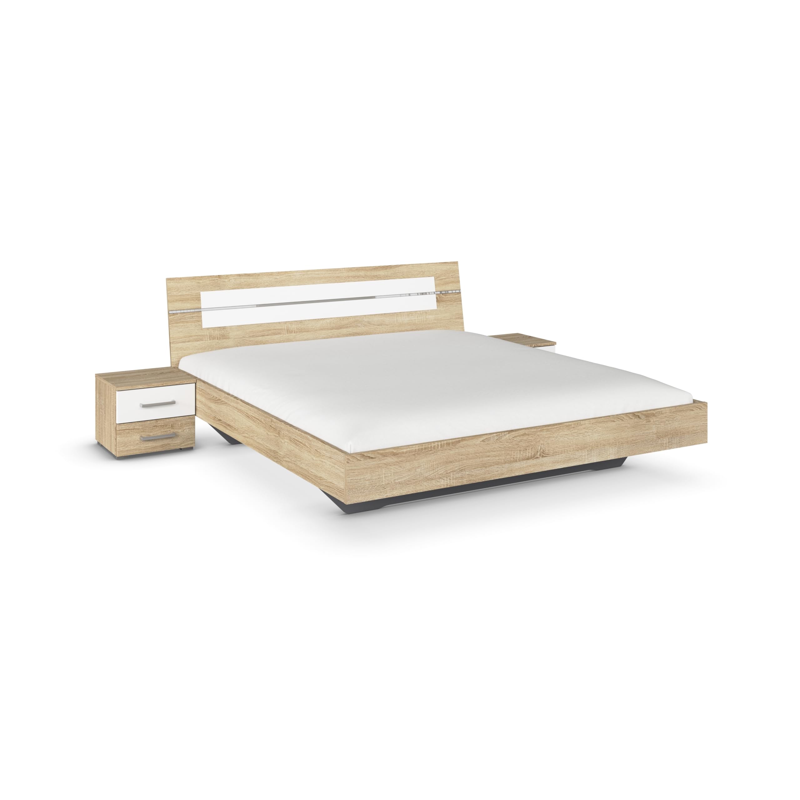 Rauch Möbel Burano - Camera da letto, in rovere Sonoma/bianco, composto da letto con superficie di appoggio 180 x 200 cm, con 2 comodini e armadio con ante girevoli, 181 x 212 x 58 cm