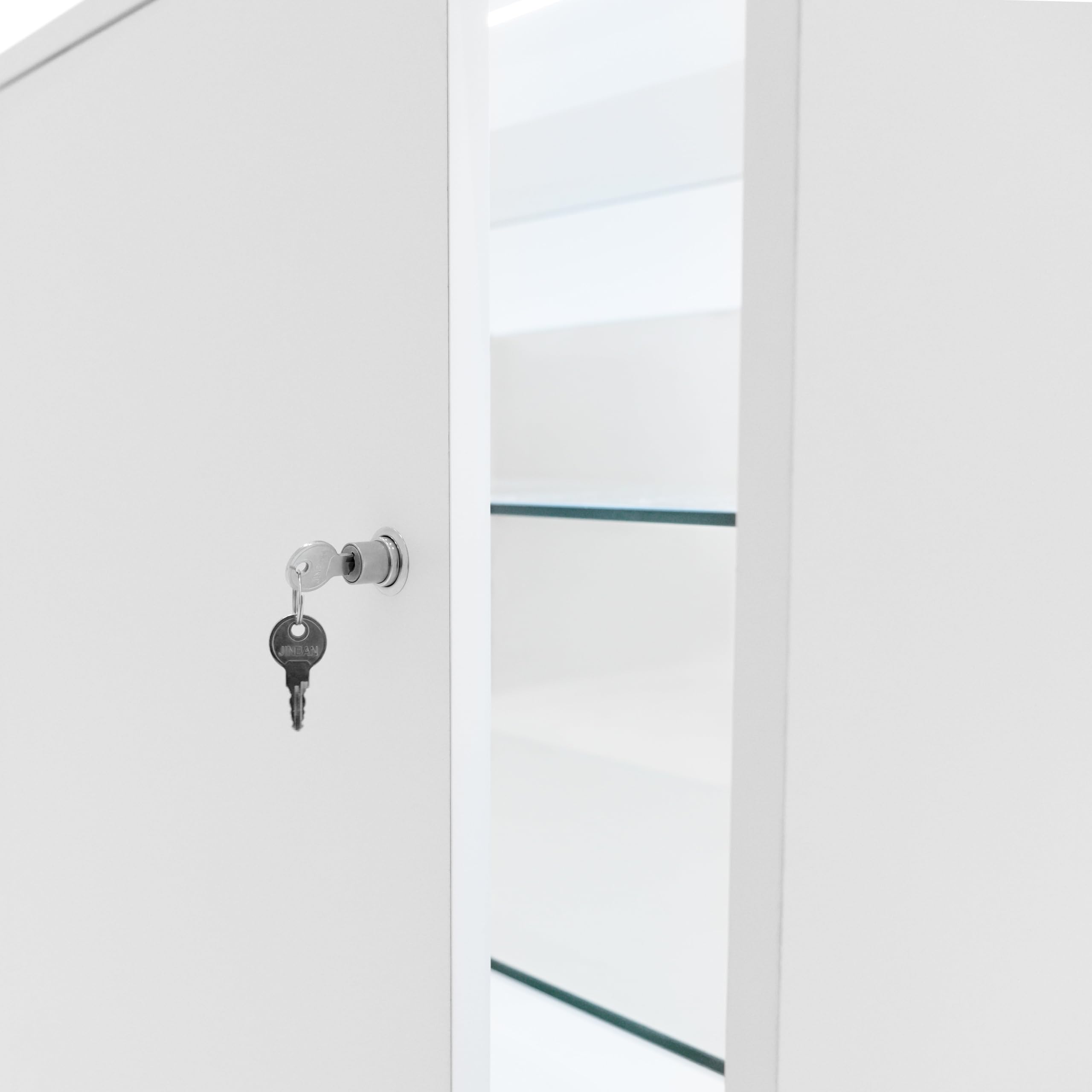 Comptoir de Vente en MDF Blanc LED Blancs Intégrés K1500 3 Étagères Portes Coulissantes Verouillables Rangement Commerciale Vitrine en Verre Acceuil Réception Bureau Vêtements Bijoux [2 Clés INCLUS]
