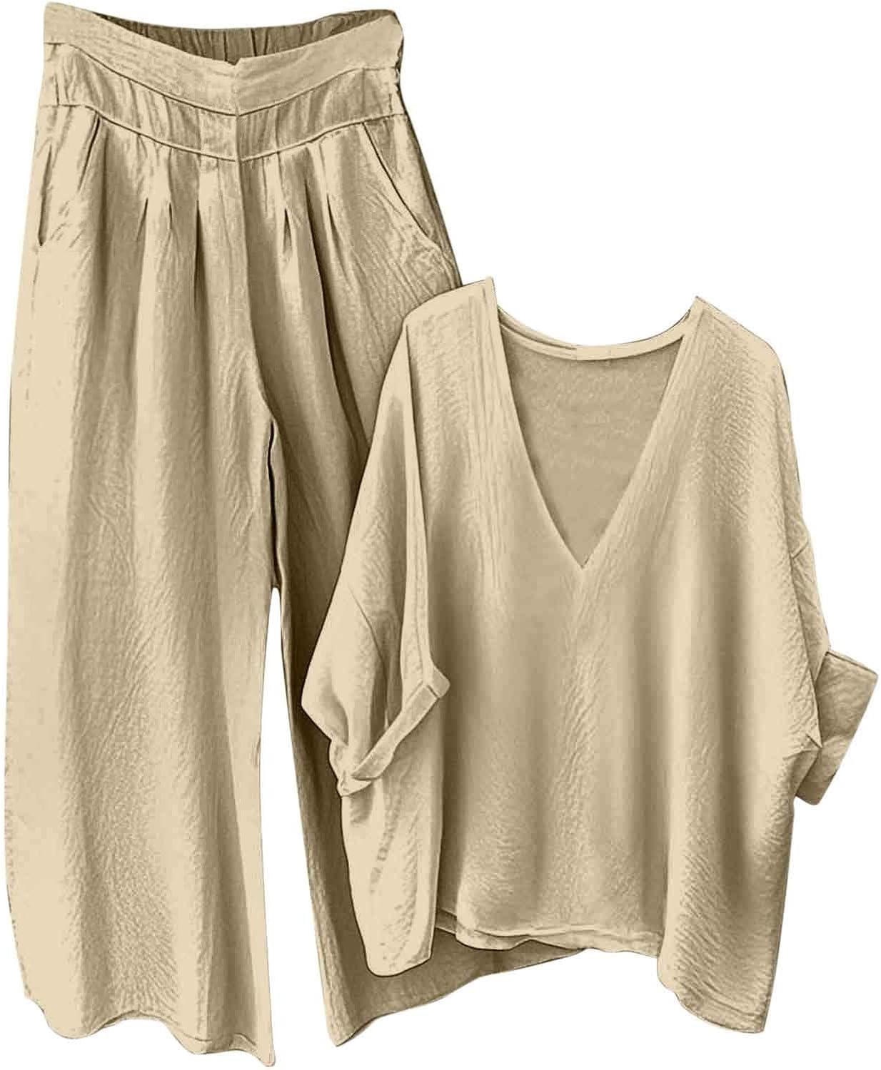 HGps8w Women's Summer 2 Piece Cotton Linen Sets Loose V Neck Batwing Tops Matching Wide Leg Pants Lounge Travel Outfits