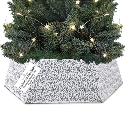 DECO EXPRESS Falda para Arbol de Navidad con Lentejuelas 68x85 cm, Cubre Árbol Navidad Hexagonal con Cierre de Velcro, Decoración Navideña para Hogar (Lentejuela Plata)