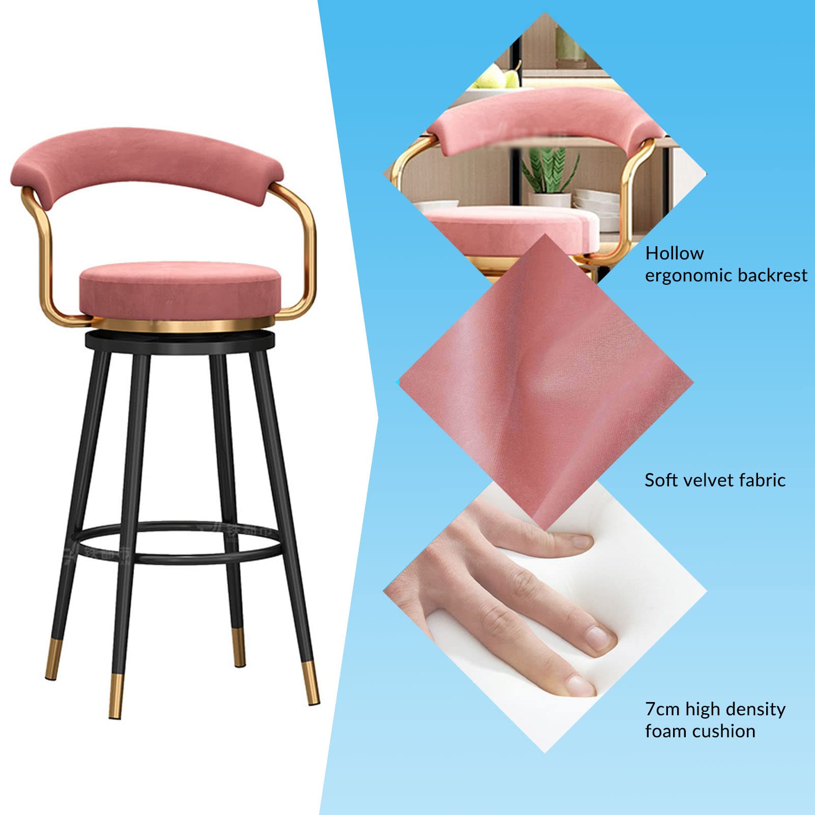 Tabourets de Bar pivotants Modernes - Chaises de Salle à Manger en Velours avec Dossier, Hauteur comptoir, Repose-Pieds doré/Noir, élégantes pour Bar et îlot de Cuisine, Ensemble de 2 pièces
