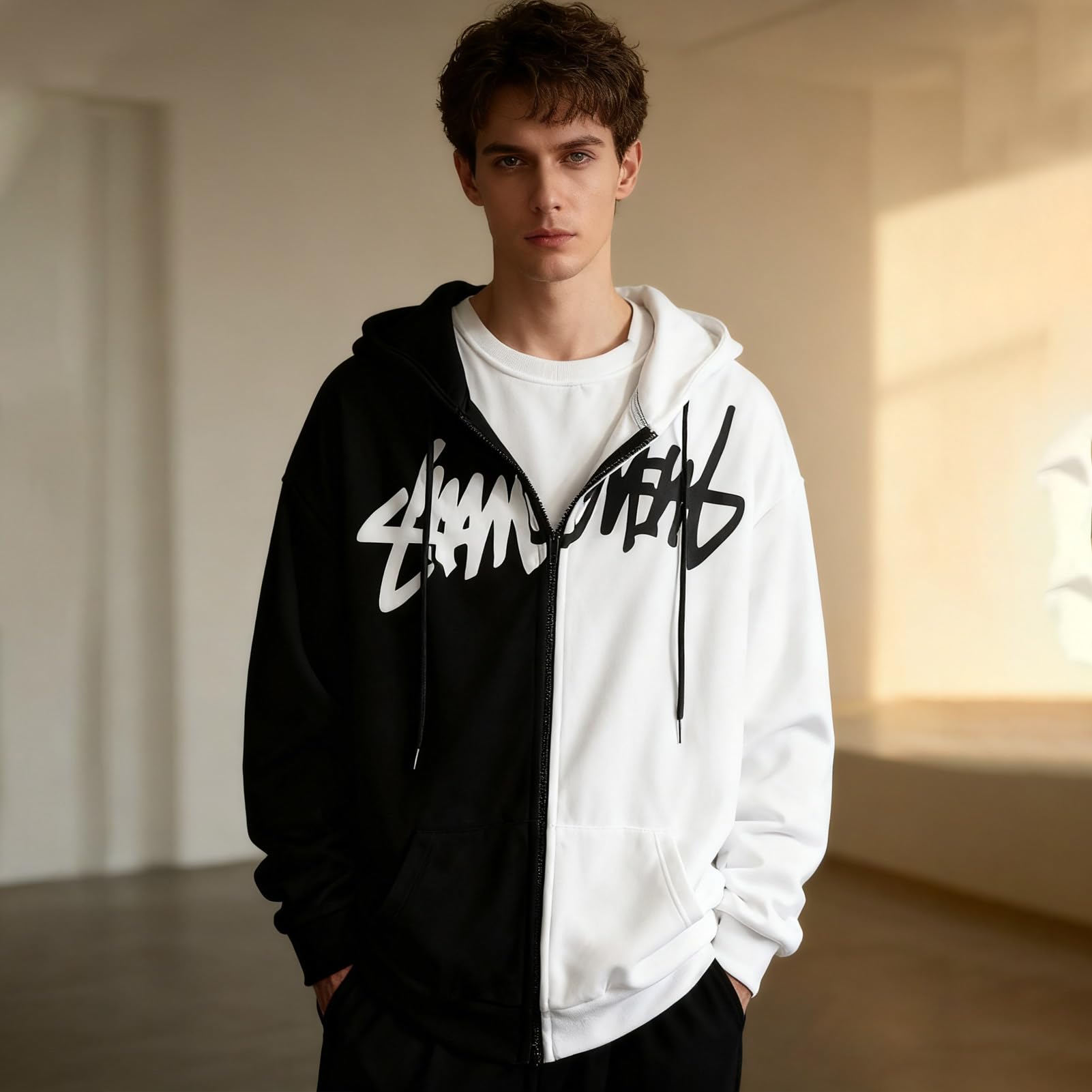 Felpa con Cappuccio e Zip da Uomo Giacca Patchwork | Cotone con Stile di Strada Hip Hop Sweatshirt