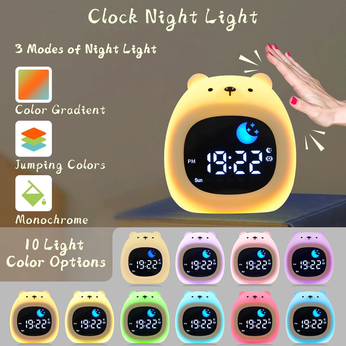Sleep Clock Wiederaufladbarer Kinderwecker mit berührbarem Nachtlicht, 6 beruhigende weiße Rauschtöne, 1800 mAh Akku, perfekt für Jungen und Mädchen im Alter von 3–8 Jahren, ideal für Schlafzimmer und