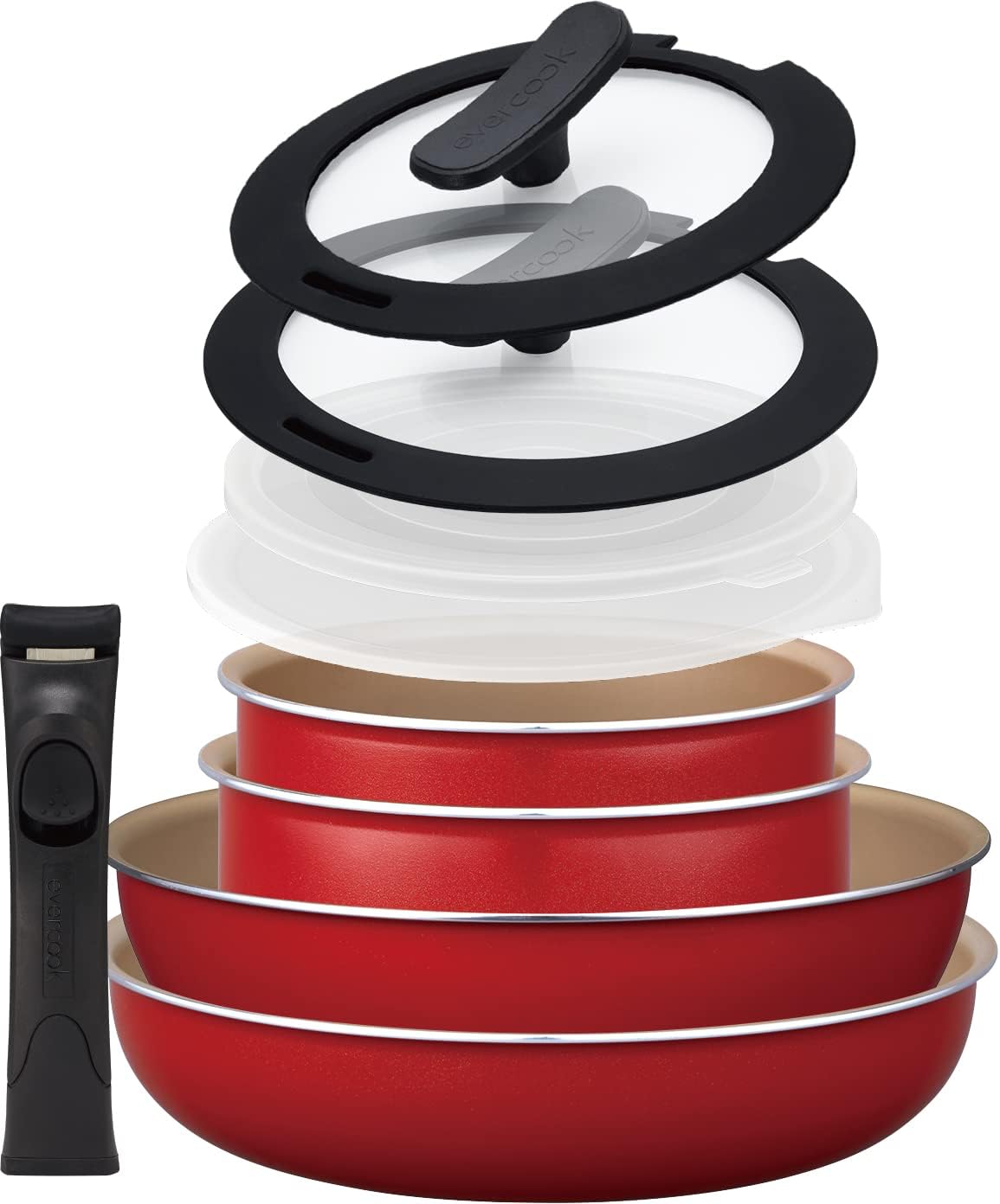 Evercook Frying Pan Set, 9-Piece Set, Removable, Induction Compatible, Red, Doshisha