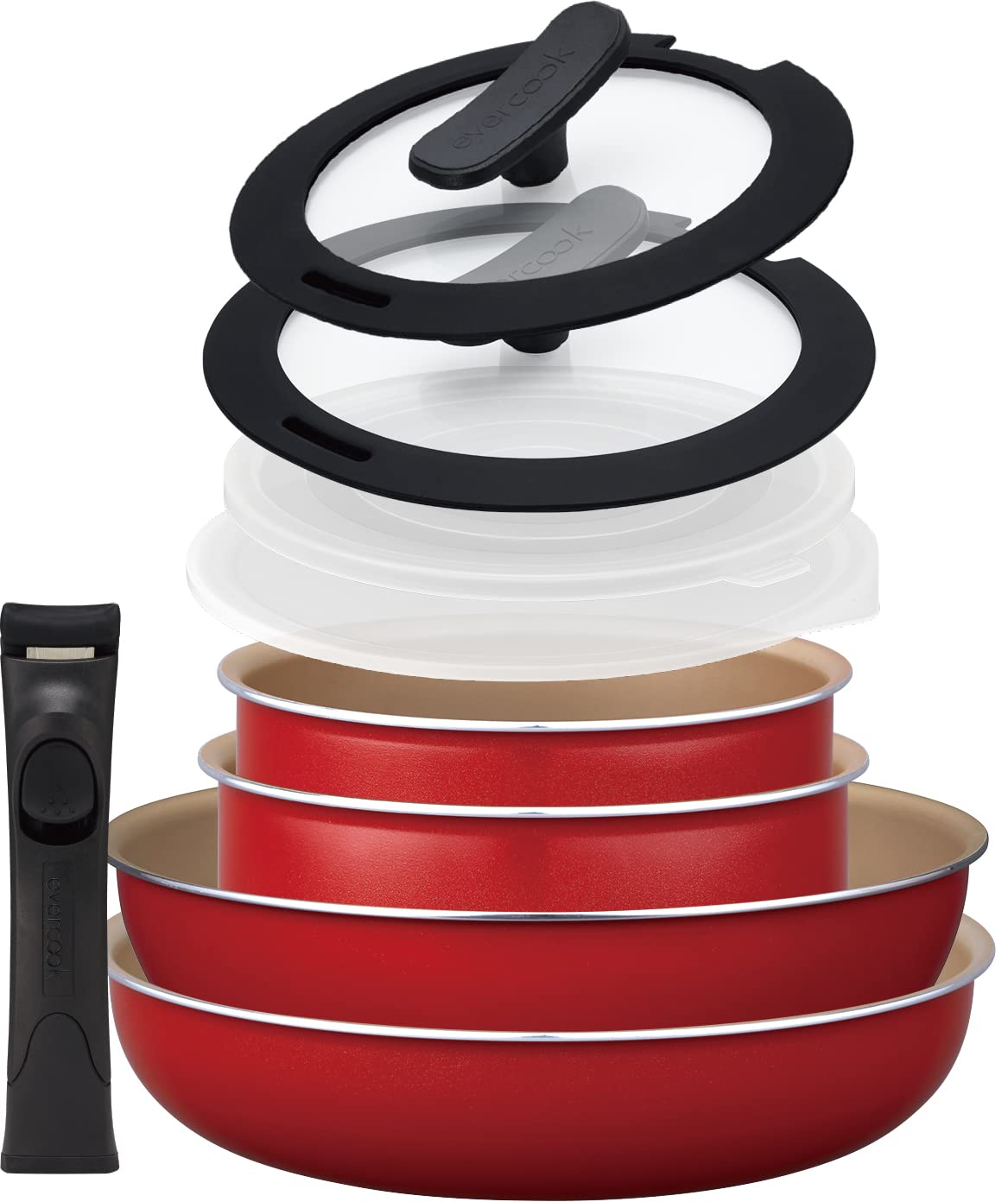 Evercook Frying Pan Set, 9-Piece Set, Removable, Induction Compatible, Red, Doshisha