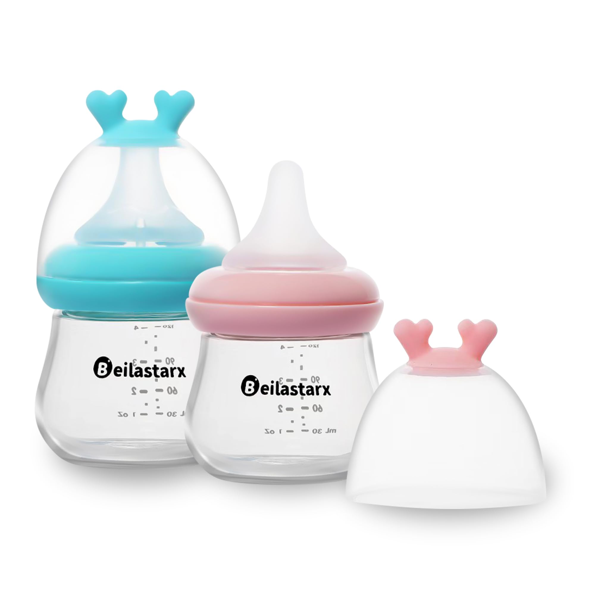 Beilastarx Glass Baby Bottles with Natural Response Nipple Size SS - Anti Colic Baby Bottles Wide Neck Slow Flow Baby Bottle (Multicolor, 4oz (Pack of