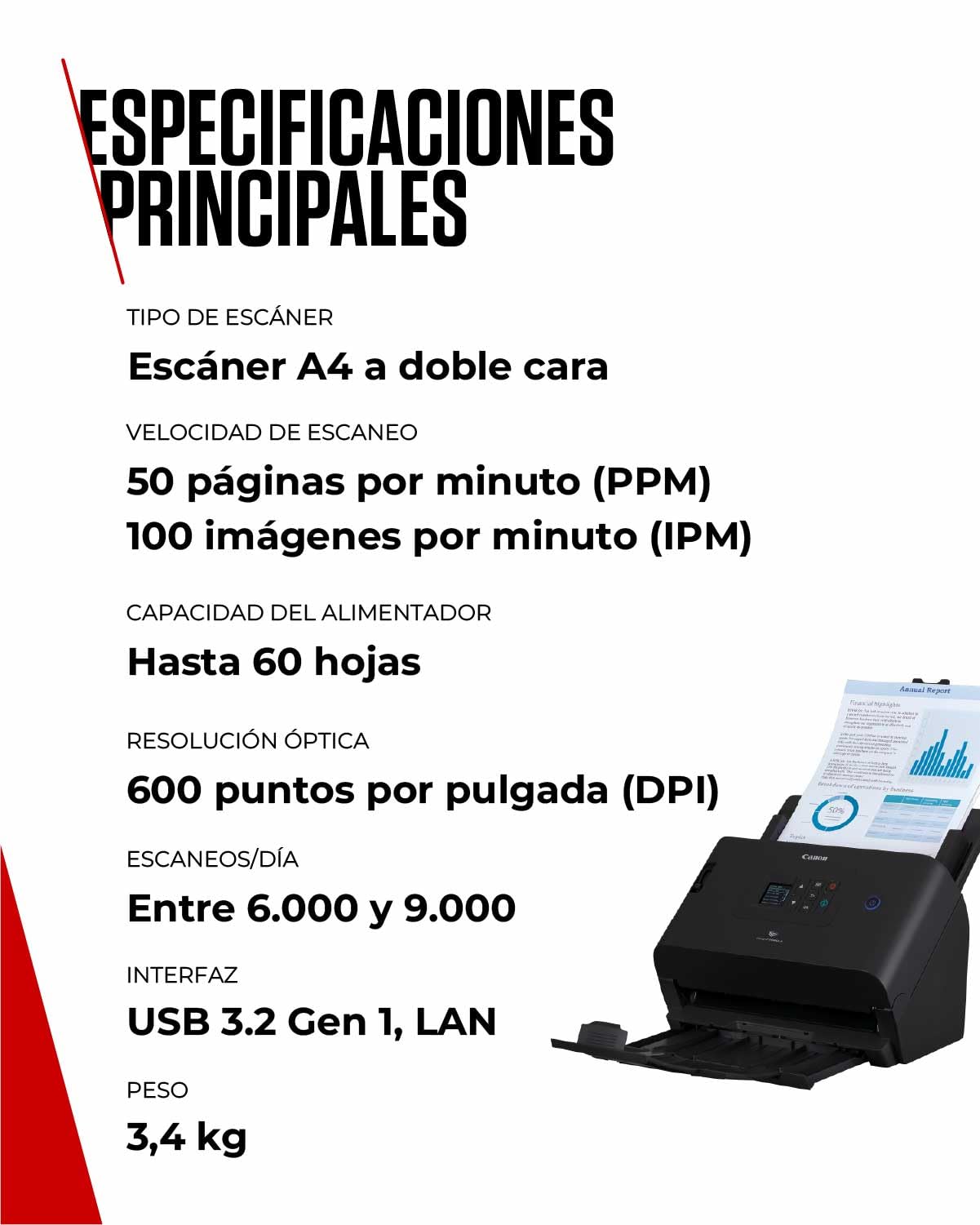 Canon imageFORMULA DR-S250N Escáner de Documentos | Escaneo web sin controladores y escaneo directo | LAN Gigabit y USB 3.2 | Alimentador automático de 60 hojas | 50 pág/min | Software CaptureOnTouch