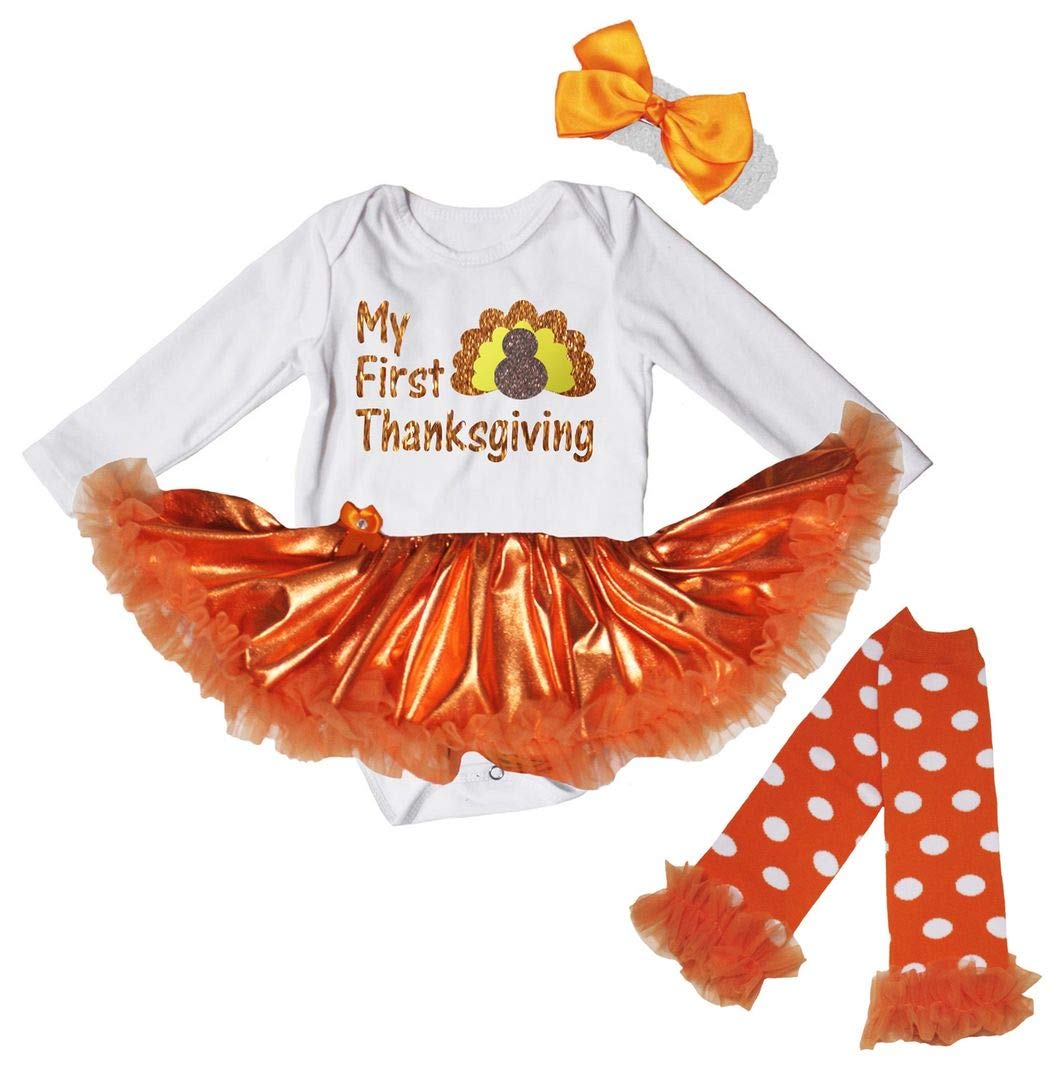 Petitebella My First Thanksgiving Turkey Baby Dress Nb-18m (White/Bling Orange + Leg Warmer (Long Sleeve), 3-6 Months)