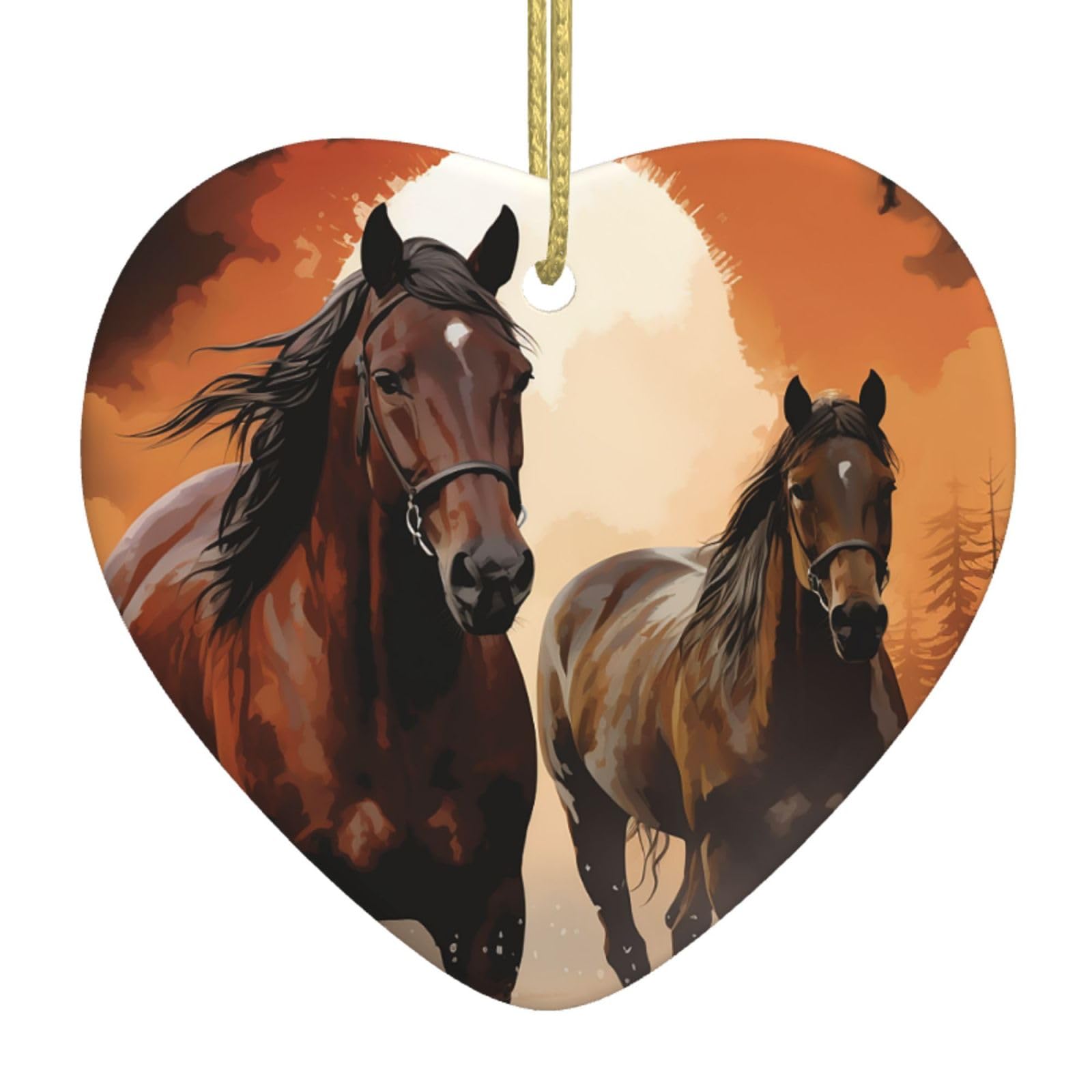 Brown Horse Silhouette Christmas Ornament 2025 Heart Ceramic Hanging Ornaments for Home Decor Christmas Decorations with Gold Rope Double-Sided Xmas Tree Ceramic Hanging for Holiday Party