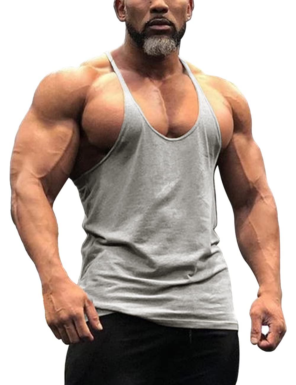 Gymape Men's Gray Y-Back Bodybuilding Workout Stringer Tank Tops Muscle Sleeveless Shirts L