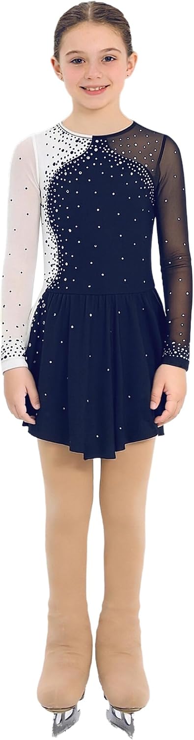 Hansber Kids Girls Figure Skating Outfit Long Sleeve Dance Dress with Footed Tights Trousers Cover The Boots Set Navy Blue 16 Years