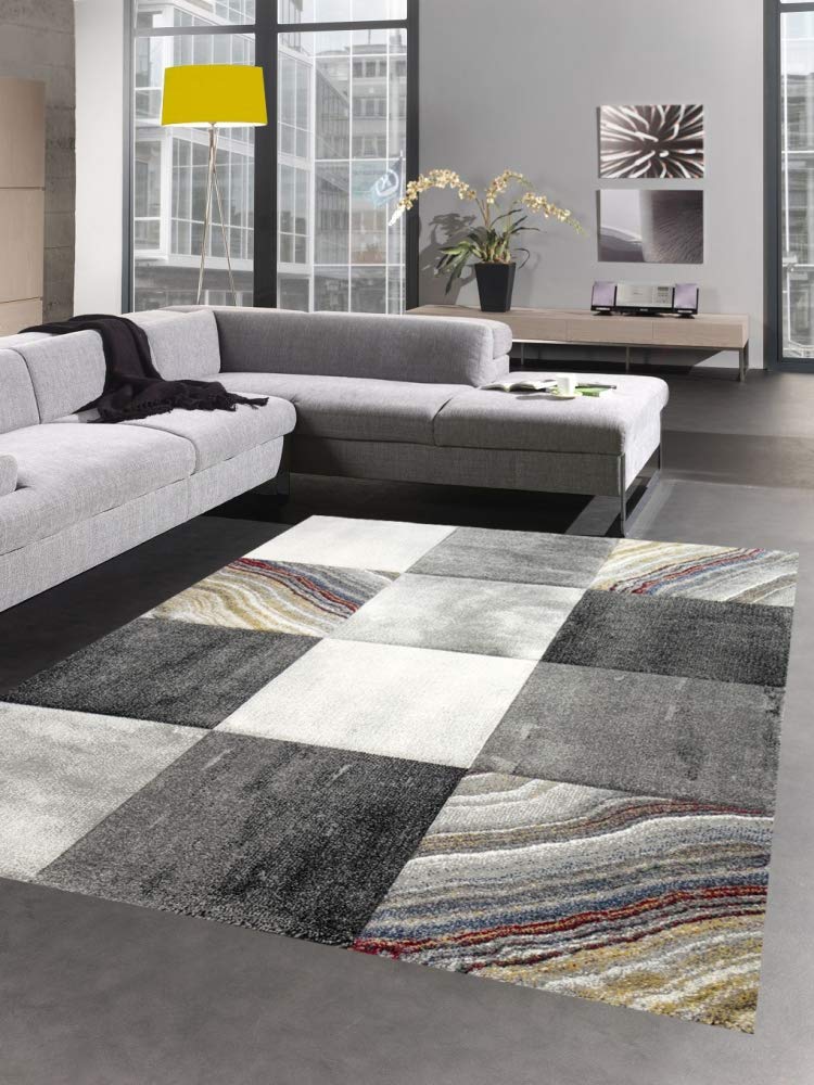 CARPETIA Nowoczesny dywan do salonu, karo, szary, żółty, złoty, rozmiar 160 x 230 cm