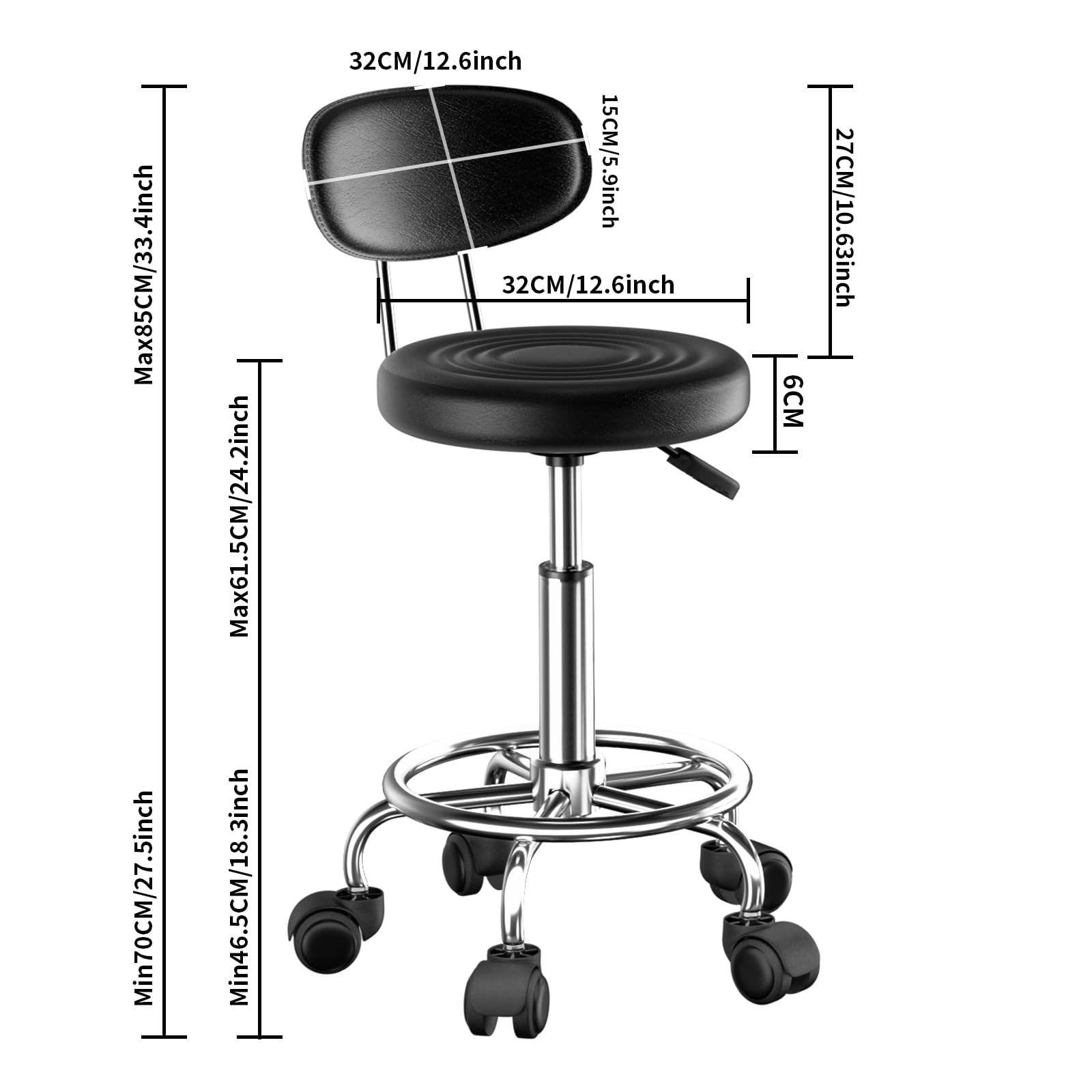 2X Taburete Giratorio con Ruedas, Silla Escritorio Altura Ajustable, Taburetes Altos de Cocina con Respaldo y Reposapiés, Acero Cromado, Sillas Bar, Silla Tocador Maquillaje, Silla Alta Negro