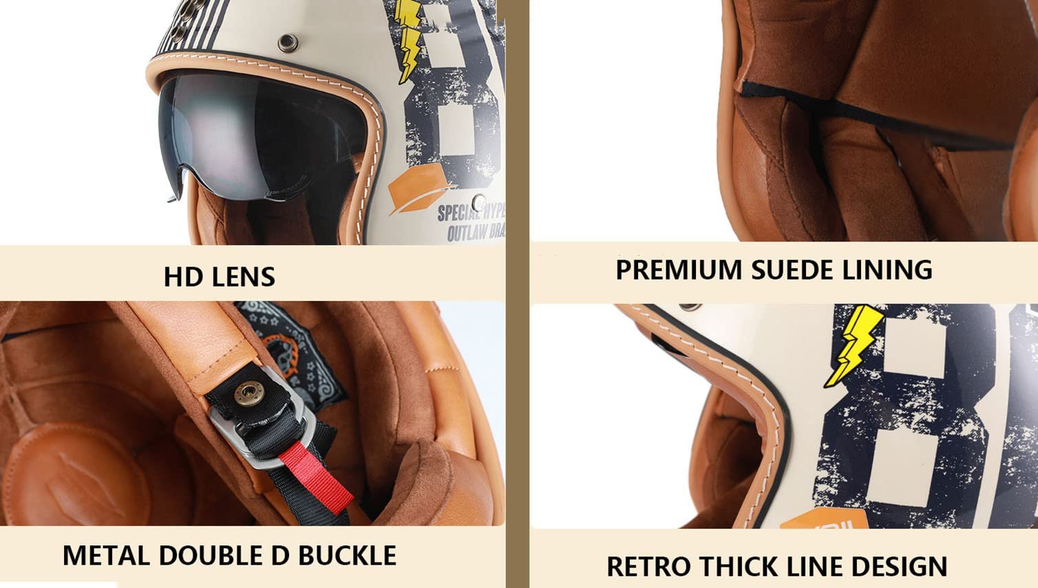 Vintage Casque Moto Jet,Casque Jet De Moto Vintage Casque Scooter Rétro De Moto Homologué ECE Casques Scooter Cruiser Mobylette De Moto