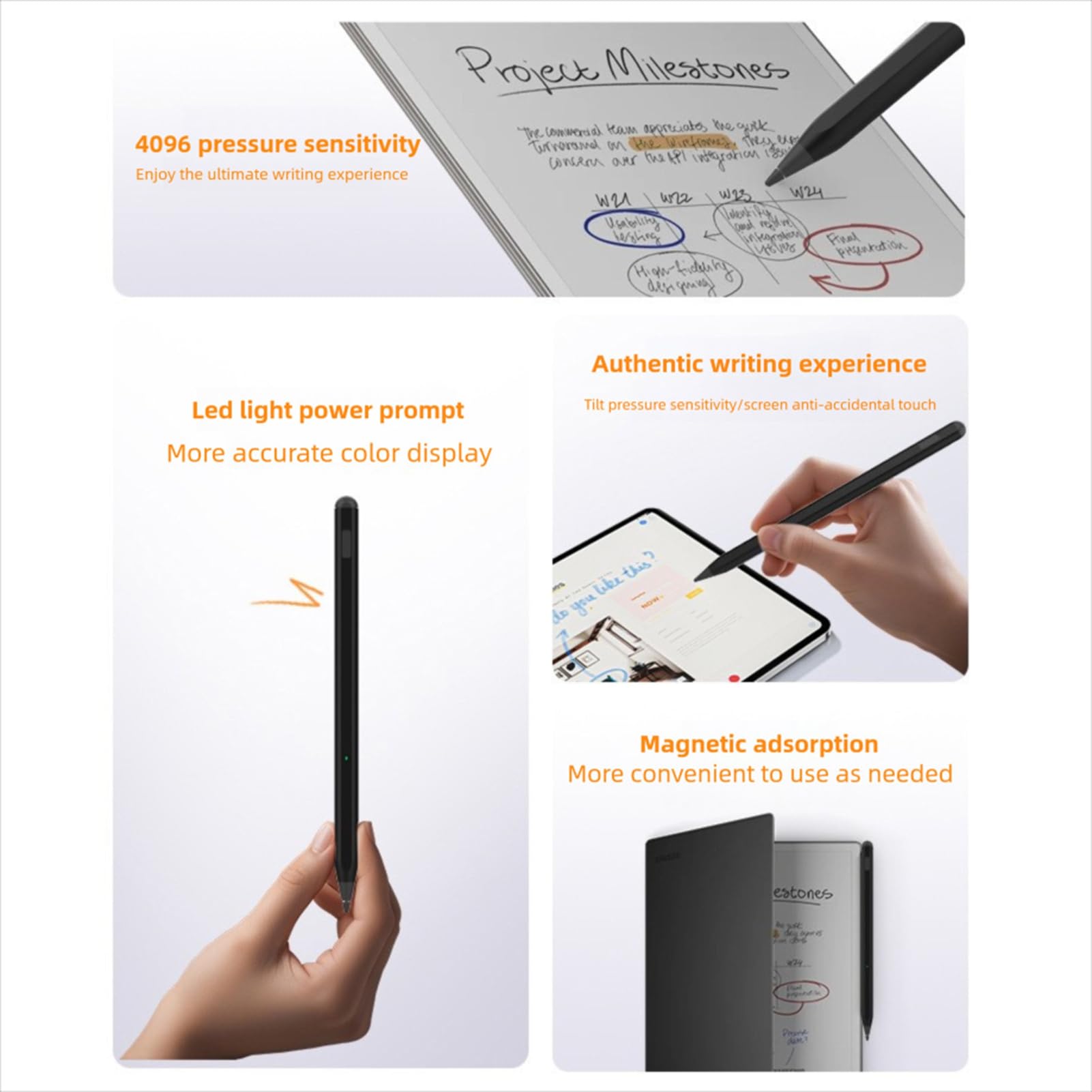LICAEVEY Penna Stilo Magnetica per Remarkable Paper Pro/Pro Move, 4096 Livelli di Pressione con sensibilità All'inclinazione, Penna Digitale Ricaricabile con Protezione del Palmo per (BLACK)