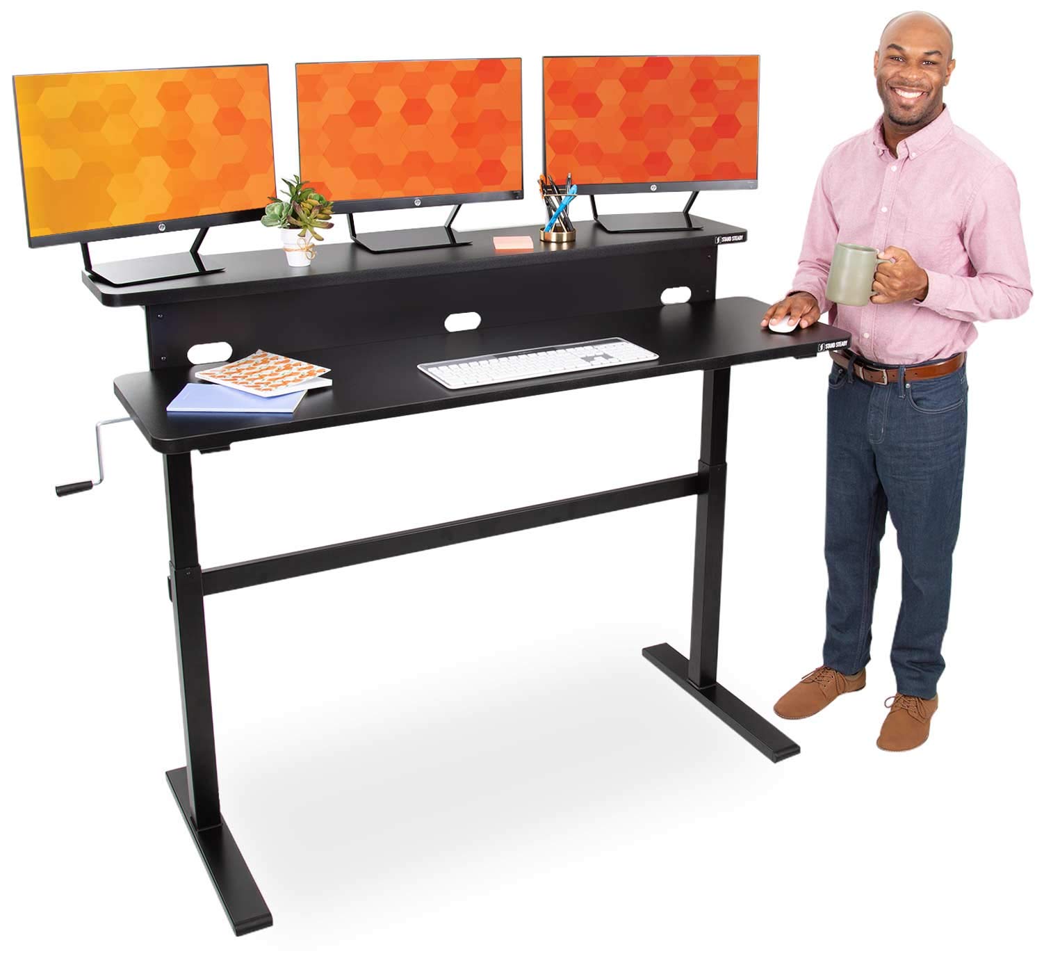Stand Steady Tranzendesk | 55 Inch Dual Level Standing Desk | Easy Crank Height Adjustable Sit to Stand Desk | Stand Up Workstation with Monitor Riser | Great for Home & Office (55/Black)