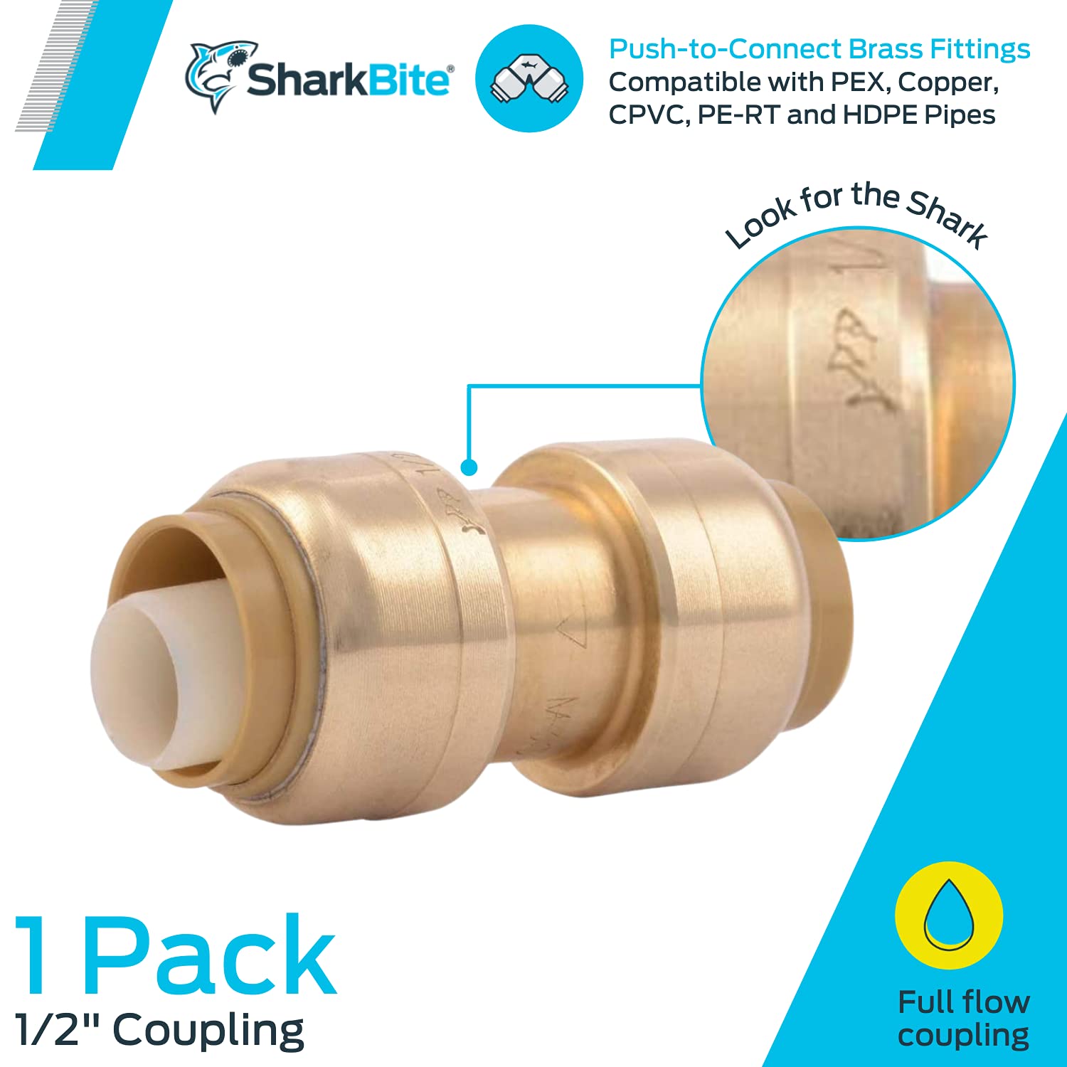 SharkBite 1/2 Inch Coupling, Push to Connect Brass Plumbing Fitting, PEX Pipe, Copper, CPVC, PE