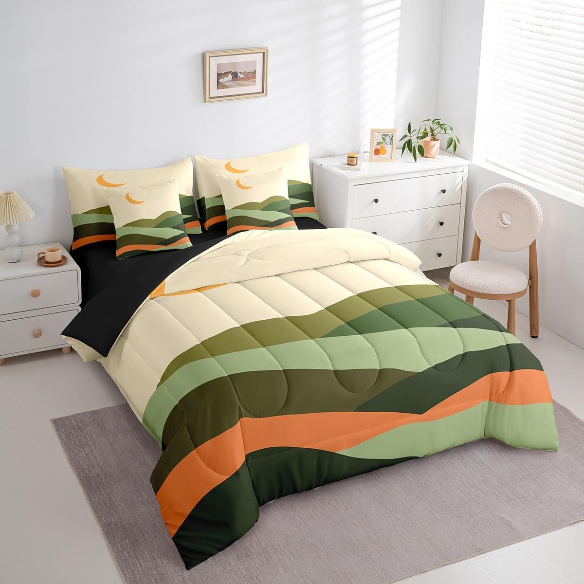 Erosebridal Mid Century Modern Bedding Comforter Sets 7 Pieces Moon Print Bed in a Bag Minimalism Mountain Twin Bedding Sets Geometric Landscape Comforter Set Abstract Art Bedding Sets & Collections