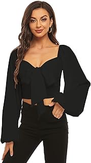 LYANER Women's Tie Knot Front Shirred Back Lantern Long Sleeve Crop Blouse Tee Top