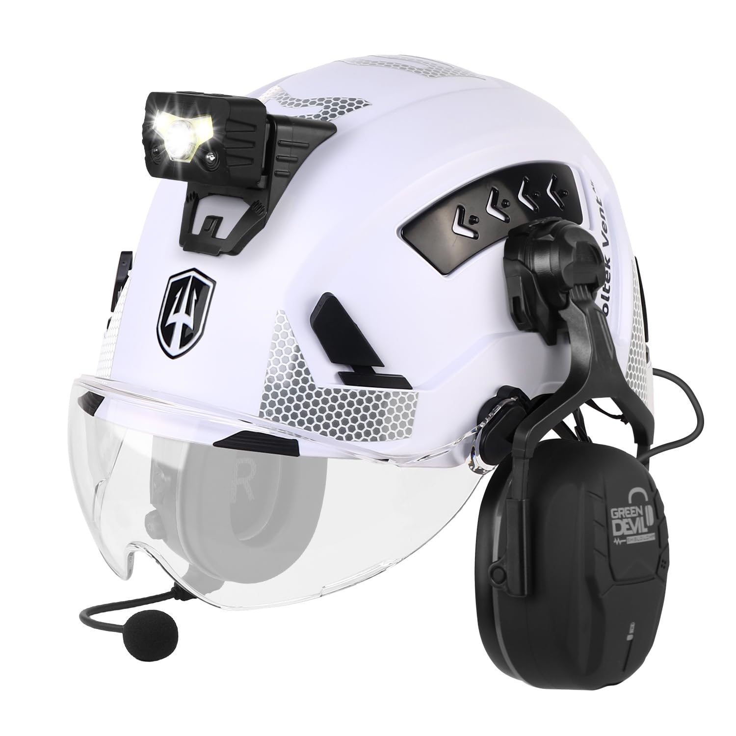 GREEN DEVIL VOLTEK Vent AIR Ultimate Set - Höhenarbeits-Schutzhelm EN12492 + Shield LD Bluetooth Gehörschutz + Klares Ersatzvisier + Intelligente Helmleuchte