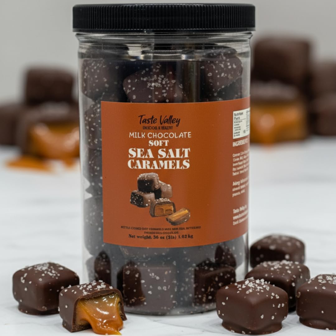 Taste Valley Dark Chocolate Sea Salt Caramels – 36 oz Bulk Resealable Jar – Soft & Chewy Gourmet Candy – Rich & Decadent Treats for Holidays, Gifts & Office Snacking