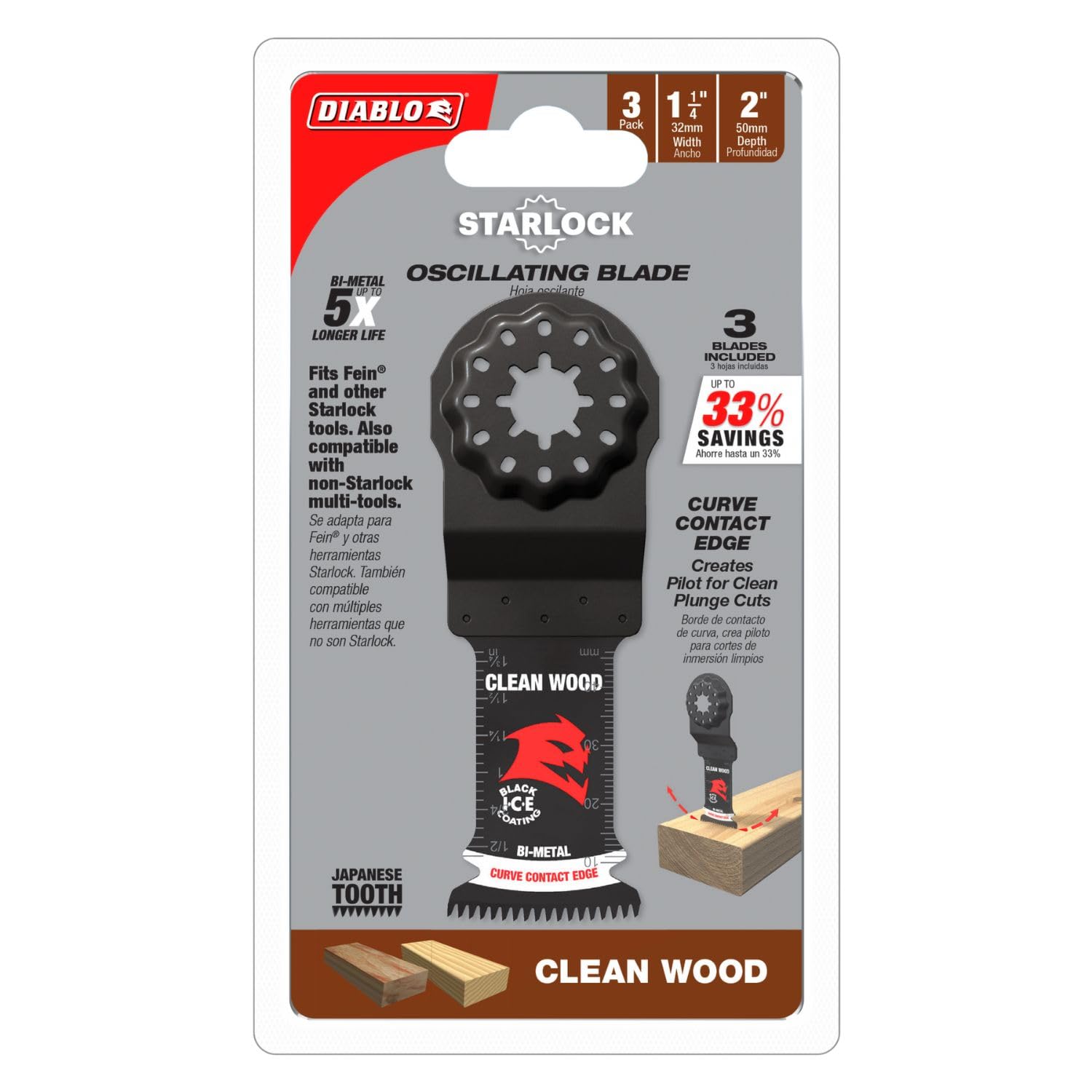 Diablo Demo Demon Starlock Bi-Metal Oscillating Blade for Clean Wood Applications - 1-1/4" Width of Cut, 2" Cut Depth, 3-Pack - DOS125JBW3