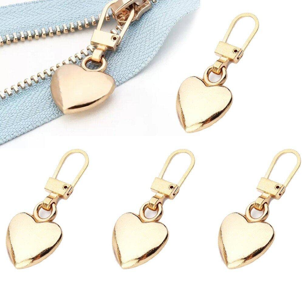 Dianzan Gold 5Pcs/Set Metal Zipper Sliders Puller Heart Shape Detachable Replacement Diy Zip Pull For Repair Craft Accessories Suitcases Coats