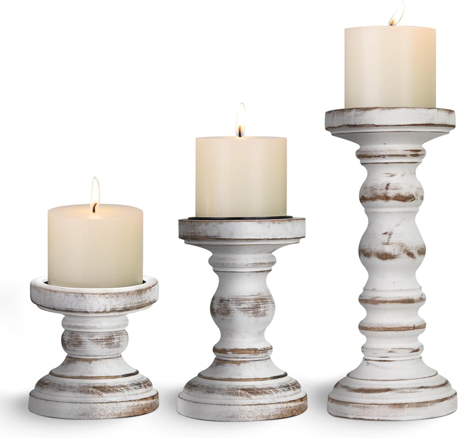 Candle Holder for Pillar Candle Set of 3, Farmhouse Wood Candle Holder, Rustic Wooden Candle Stand, Vintage Tall Candle Stand Decorative for Living Room, Table Centerpiece,Brown