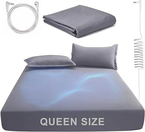 Miniatura 8 de Sábana bajera ajustable con cable de conexión a tierra, sábanas para cama tamaño individual XL, 5% fibra plateada y 95% fibra de algodón, sábana de