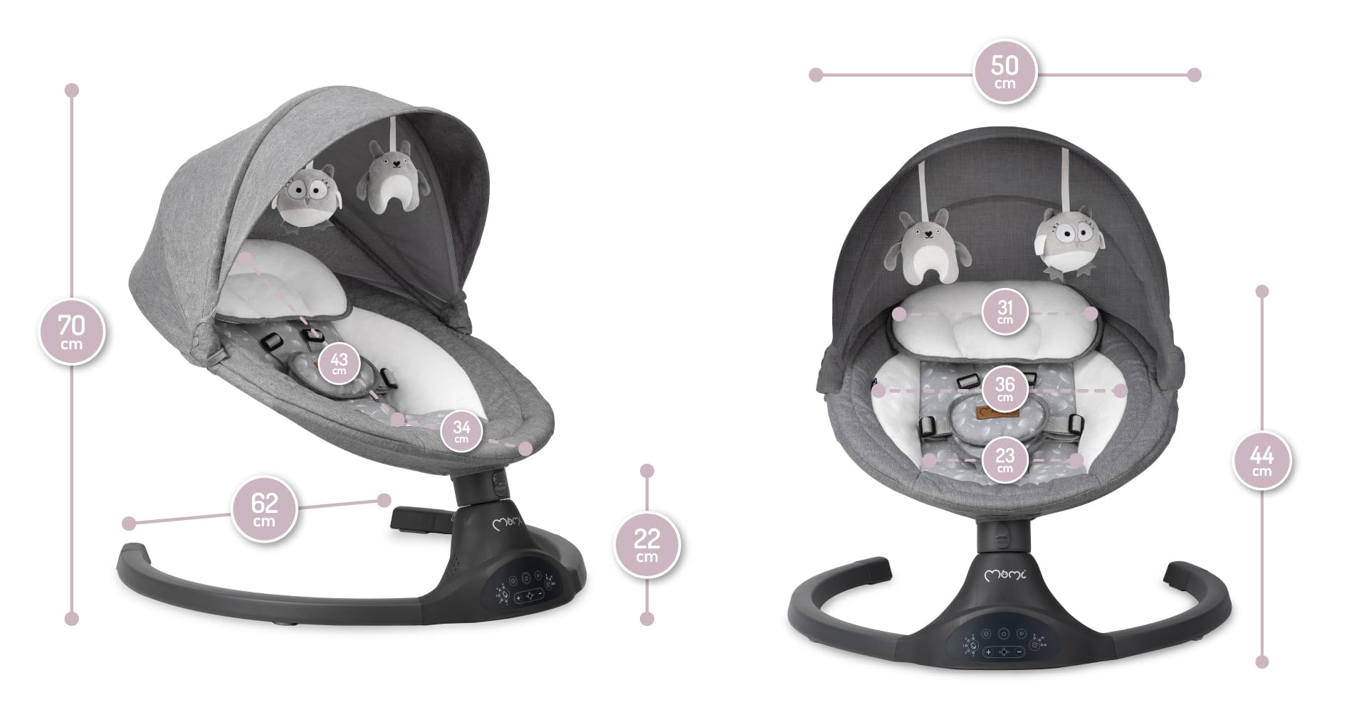 MoMi KENANI Mecedora para Niños hasta 9 kg, Plegable, con Mando a Distancia y Bluetooth, Funciona con Pilas/Electricidad, Arnés 5 Puntos, Visera Solar
