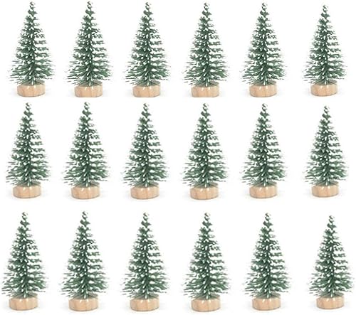 24 mini árboles de nieve de sisal de pino con base de madera, cepillo para botella, árboles, adornos de nieve de invierno, árboles de mesa para