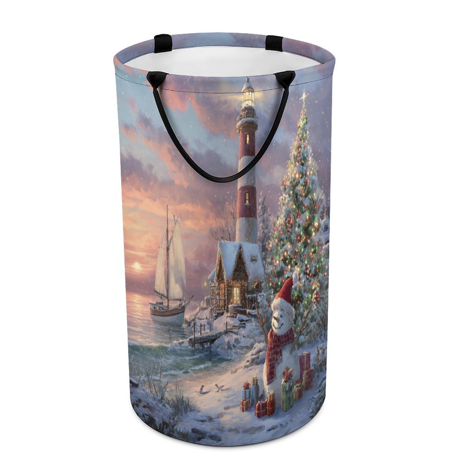 LUYYSKY Cute Beautiful Christmas Snowman Collapsible Dirty Clothes Basket, Vintage Funny Nautical Sunset Seaside Lighthouse Xmas Tree Portable Clothes Storage Basket