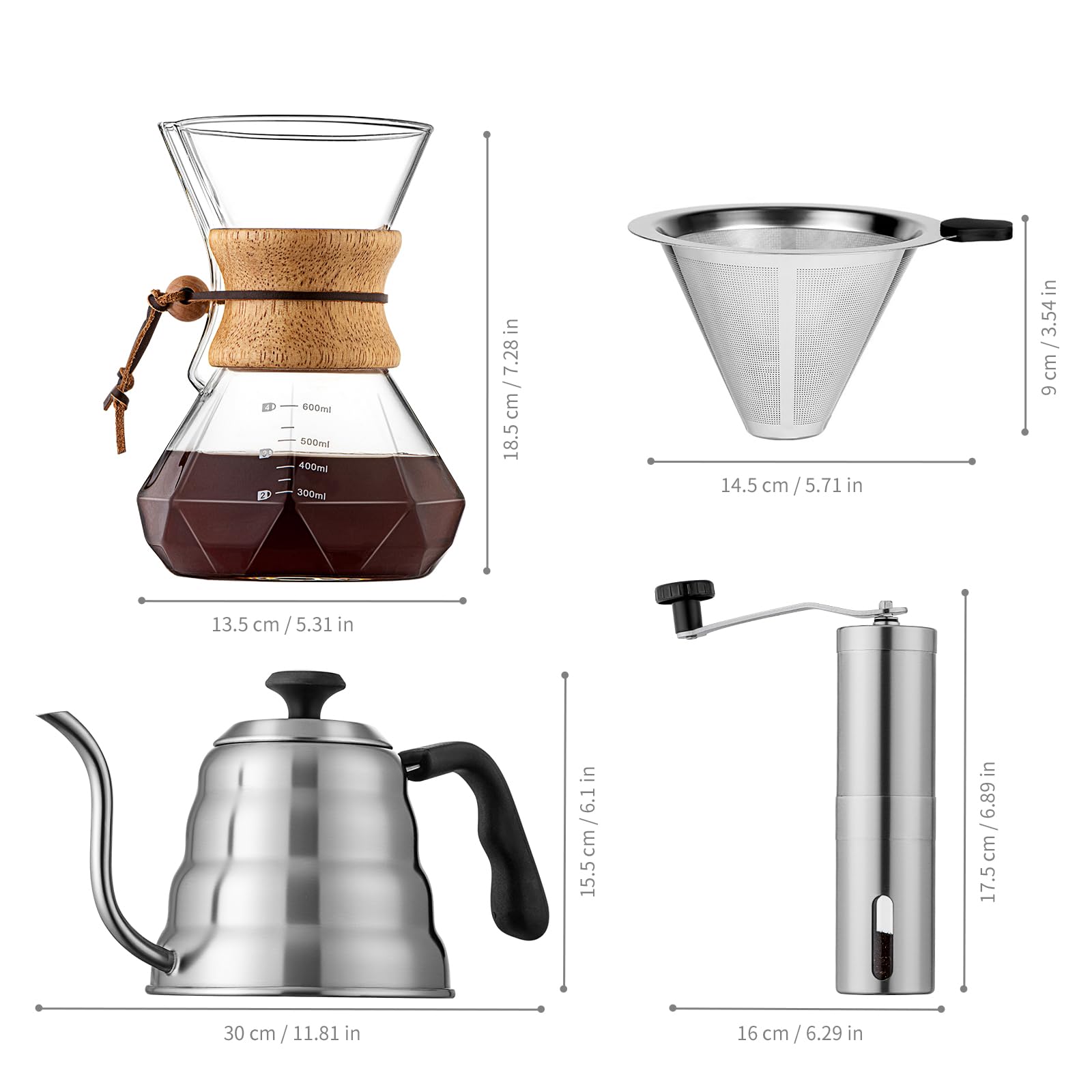 Pour Over Kaffeebereiter-Set – 1,2 l Schwanenhals-Wasserkocher mit Thermometer, Kaffeemühle & 590 ml Tropfkaffeemaschine – Edelstahl Pour Over Kaffee-Set
