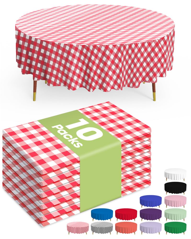 Image of Pureegg Plastic Table Cloth Disposable 10 Pack, 84'' Round Table Cloths, Party, Picnic, Decorative Gingham Tablecloths, Round, Red and White Checkered Cover, Leakproof & Sturdy, Red Plaid