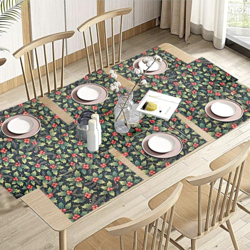 Image of Dining Table Mats Set of 6 with 135 cm Runner - Cherry Christmas Leaves Theme,Digital Print, Washable, Indoor /Outdoor, Heat-Proof, Wipe & Clean (47X33 cm) Red & Green