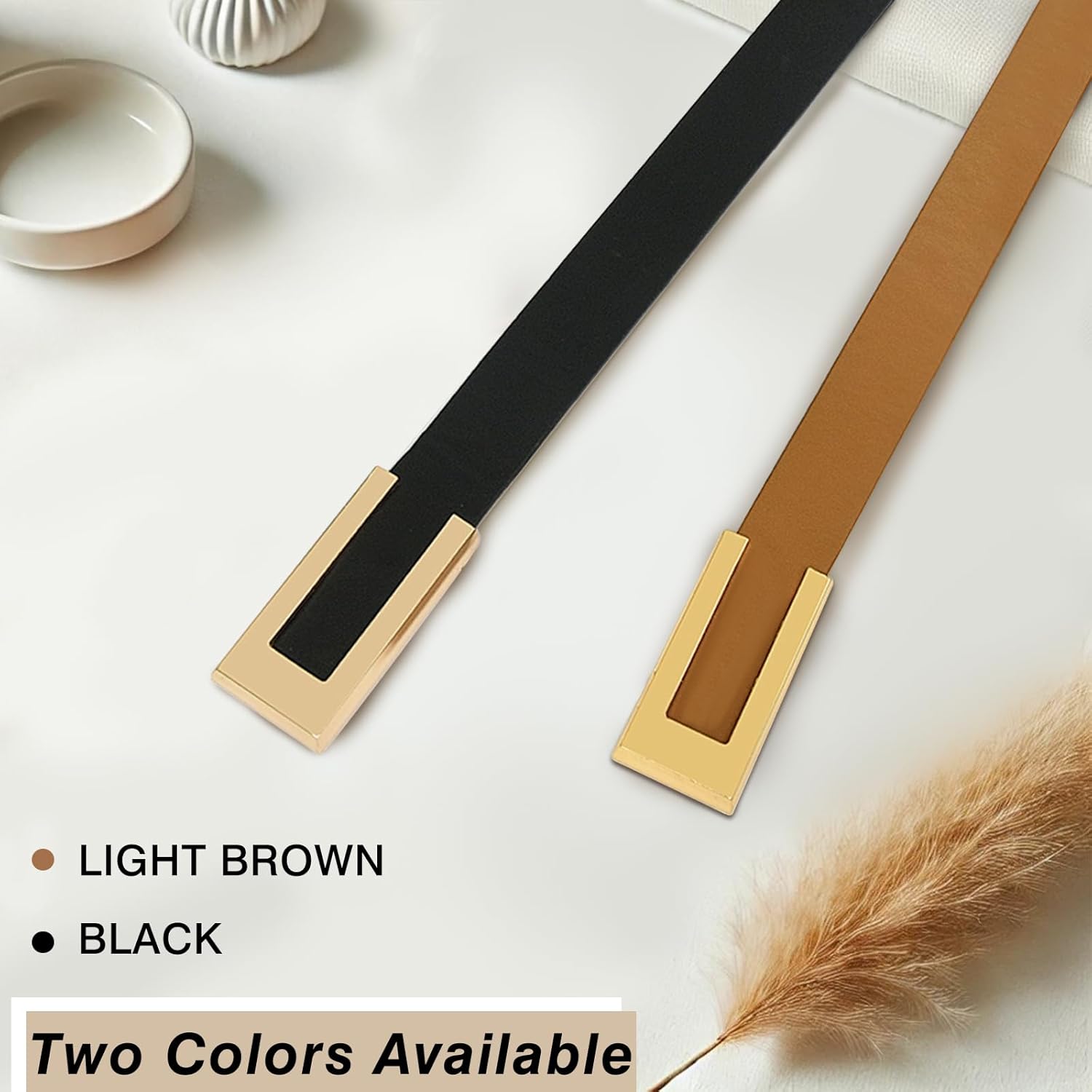 2-Pack Women's Leather Skinny Waist Belt for Dresses, Jeans, Pants with Gold Buckle - Image 3