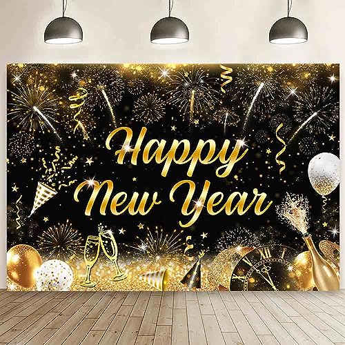 MEHOFOND 7x5 ft Happy New Year Backdrop Black and Gold Cheers to 2025 Photography Background Champagne Clock Balloon Fireworks Hello 2025 Decor for Happy New Year Eve Party Cake Smash Photo Booth Prop