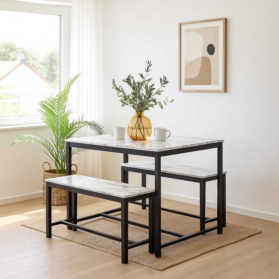 URBNLIVING 3-Piece Dining Table Set โ Wooden Table with Sturdy Metal Frame & 2 Benches โ Space-Saving Furniture for Kitchen, Dining Room, or Living Area - White Marble