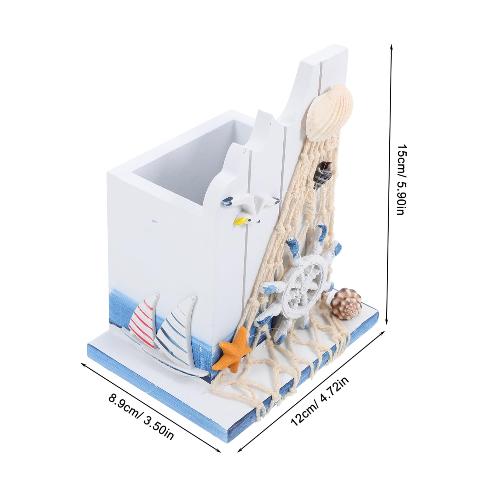 Uonlytech Wooden Pen Holder Nautical Desk Organizer Mediterranean Style Pen Container Multipurpose Desktop Stationery and Makeup Brush Storage for Home Office - Image 2