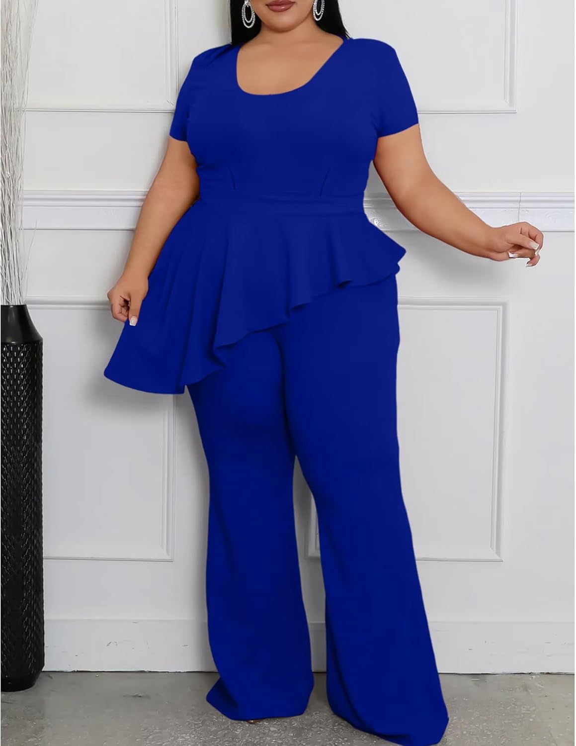 CXXQ Women's Plus Size 2 Piece Outfits Suit Set Short Sleeve Peplum Top Straight Pants Sets Business Pantsuits - Image 3