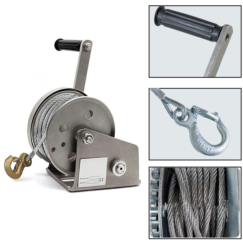 Argano Manuale,Argano Manuale a Manovella Portatile,Argano Manuale con Freno Automatico,Acciaio Inossidabile,Gancio in Acciaio,per Sollevamento E Trazione del Carico,1200lbs-20M