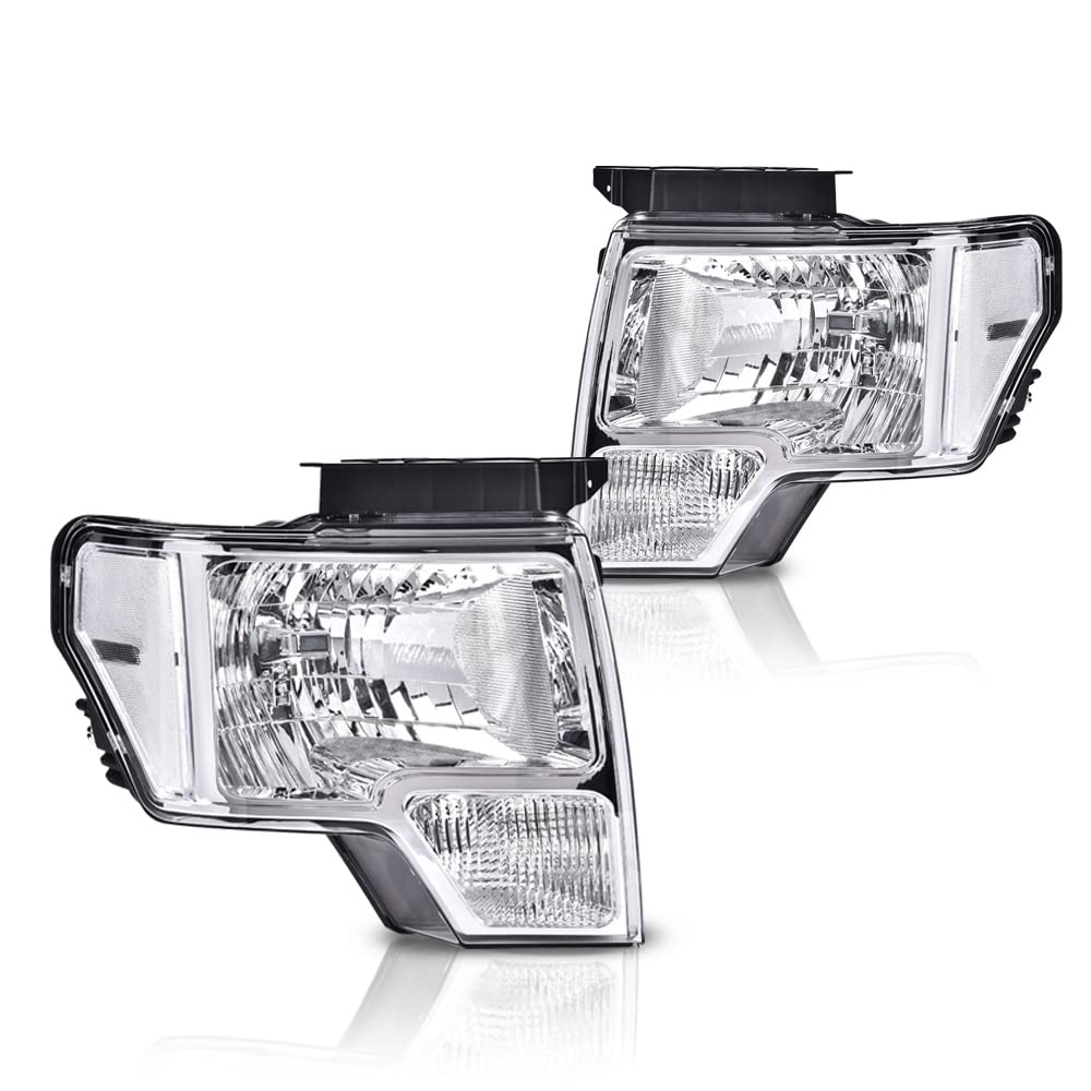 Headlights Assembly, Compatible with 2009-2014 Ford F150 09-14 Headlamp, Driver and Passenger Side, Clear lens Chrome Housing Clear Reflector (Not Fit Led Style,Only Fit Without Led Style)