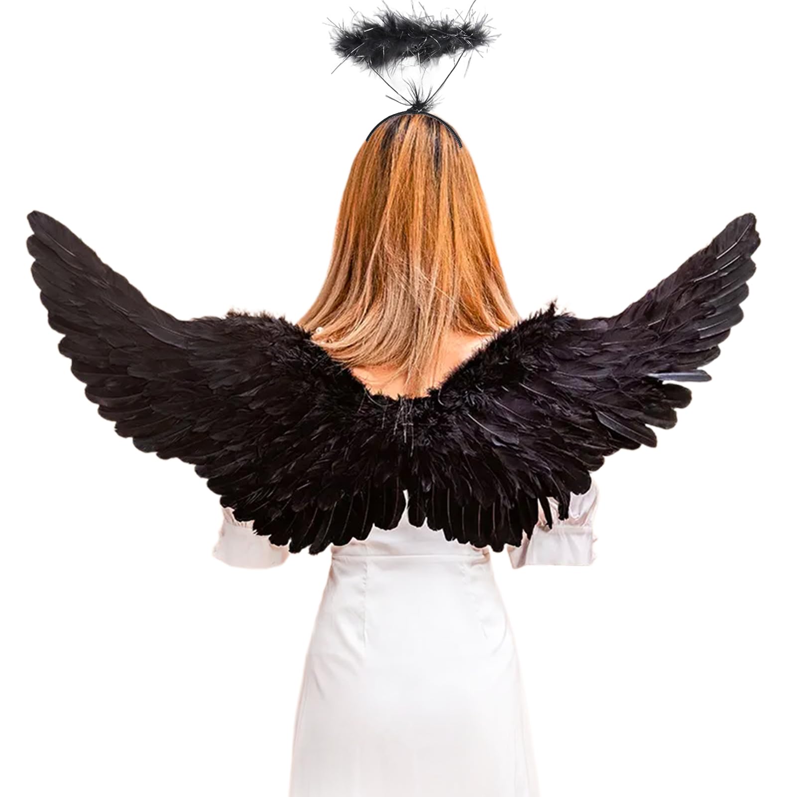 Czarne skrzydła anioła z aureolą, 75 cm, skrzydła dla dzieci i dziewczyn, pióra anioła na Halloween, karnawał, cosplay, imprezę