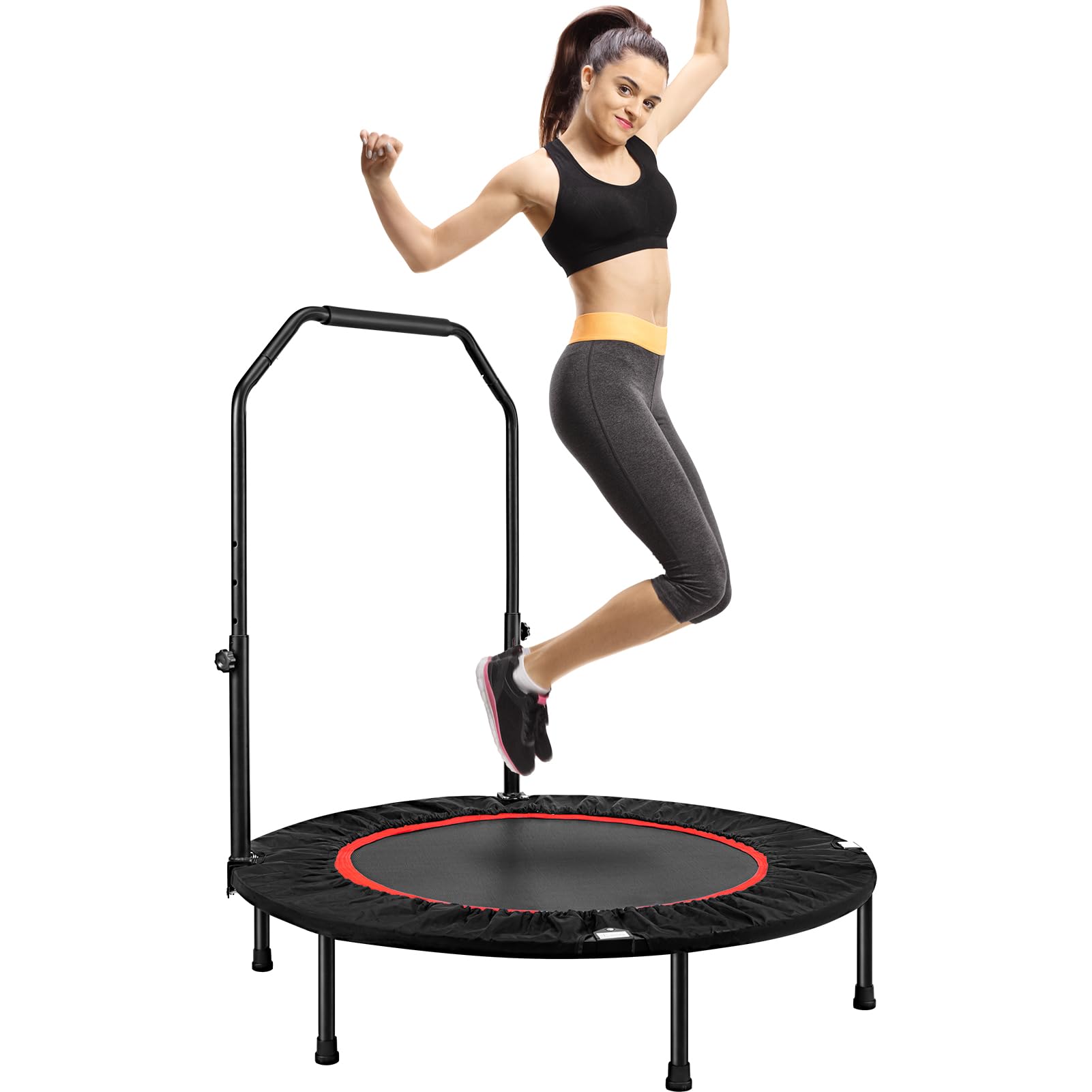Youyijia 40'' Foldable Fitness Trampoline - Max Load 400lbs(220kg), Foldable Exercise Rebounder with 5-level Adjustable Handrail Indoor/Outdoor Fitness Body Exercise