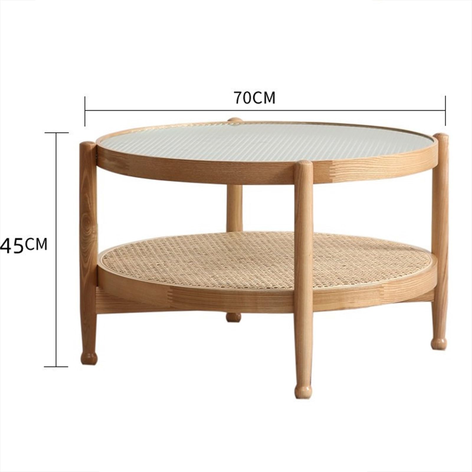 Drewniany stolik kawowy z rattanową półką, 2-poziomowy, nowoczesny design z połowy wieku, szklany blat i stolik do herbaty do salonu i sypialni