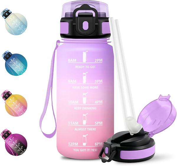JAPORIA Borraccia 500ml, Borraccia con Cannuccia, a Prova di Perdite, Bottiglia Acqua con Indicatore del Tempo, per Ufficio, Escursionismo - 1