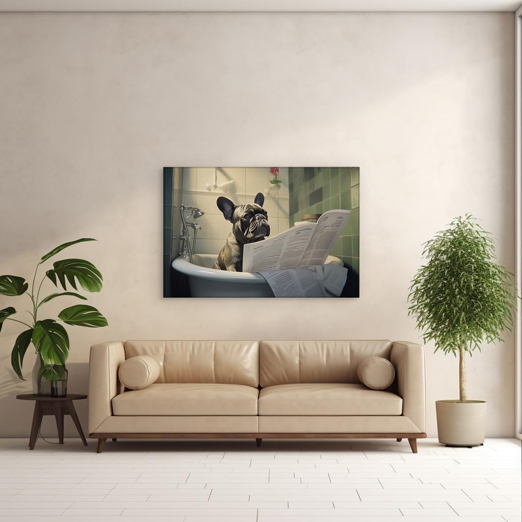 Canvas for Living room. Paws and Relaxation: A French Bulldog's Bath Time Retreat Unwinds with the Daily News, 27 x 18 inch Canvas Wall Art - Ready to Hang - 69x46 cm (27x18 inch)