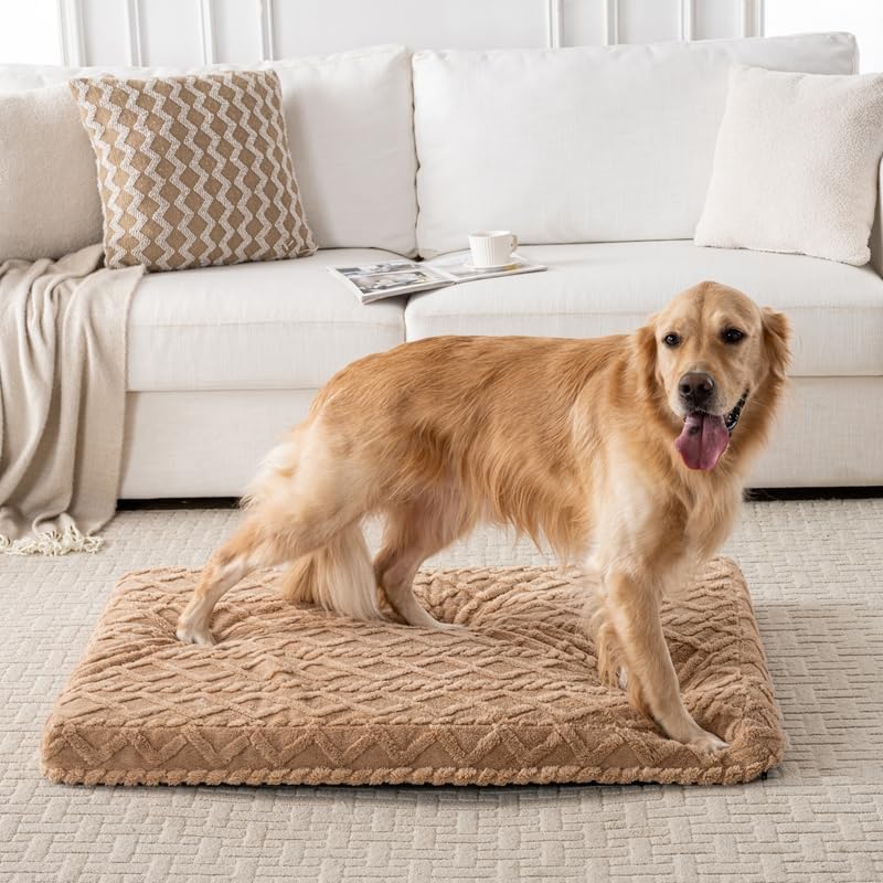 Orthopedic Memory Foam Dog Crate Pad, Medium Size, Brown Diamond Pattern, Waterproof Lining, Washable Cover for Dogs and Cats 41" L x 28" W x 3" H